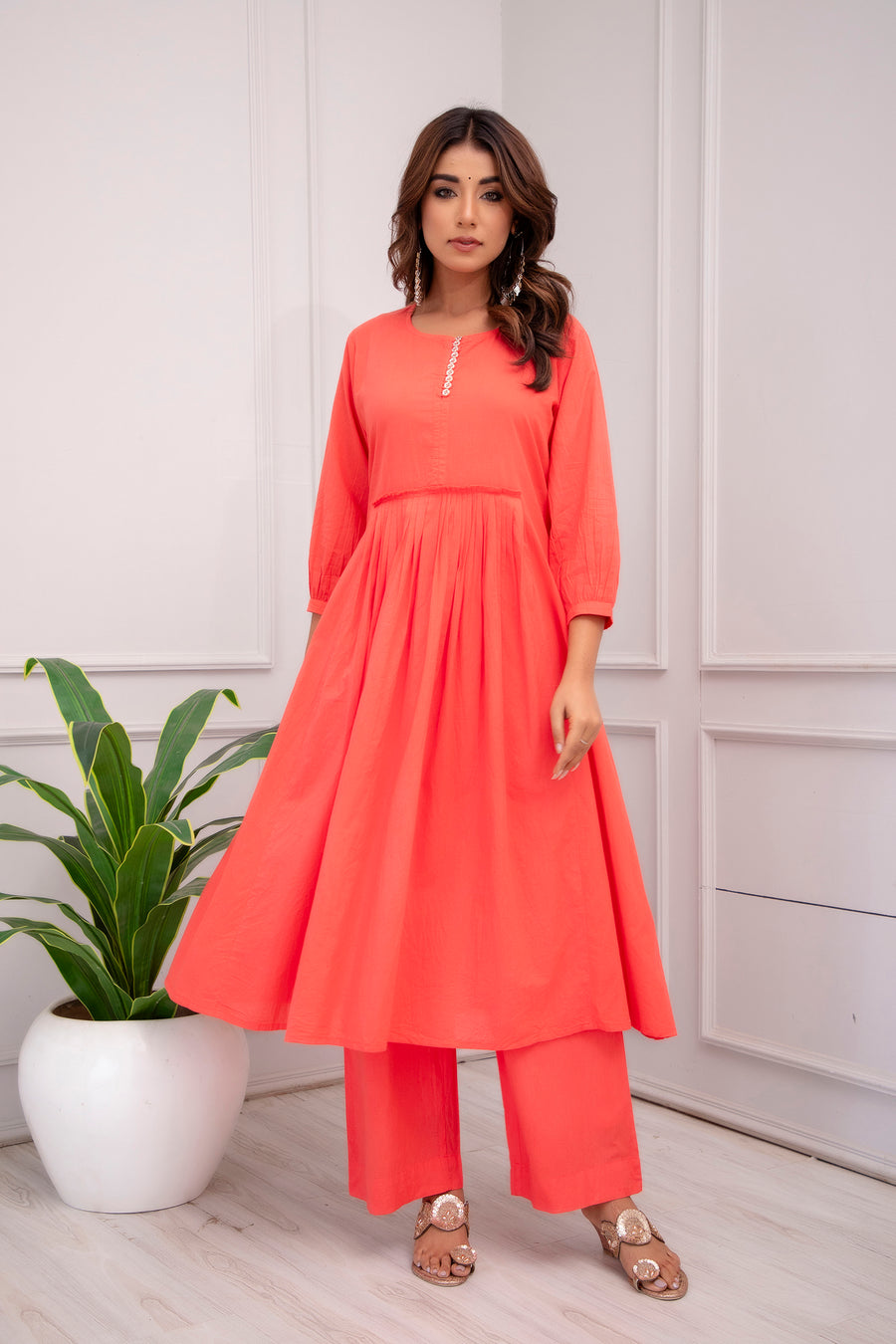 Women Cotton Solid Red Co-ord Set