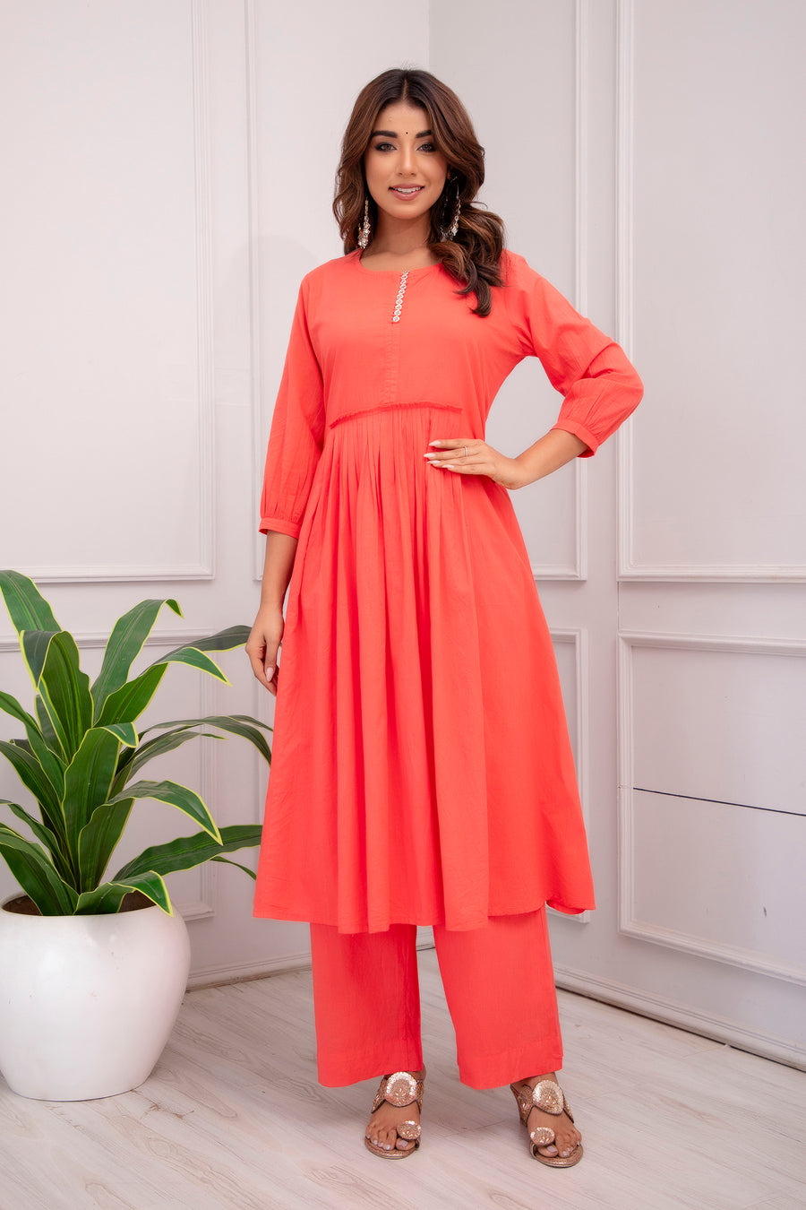 Women Cotton Solid Red Co-ord Set