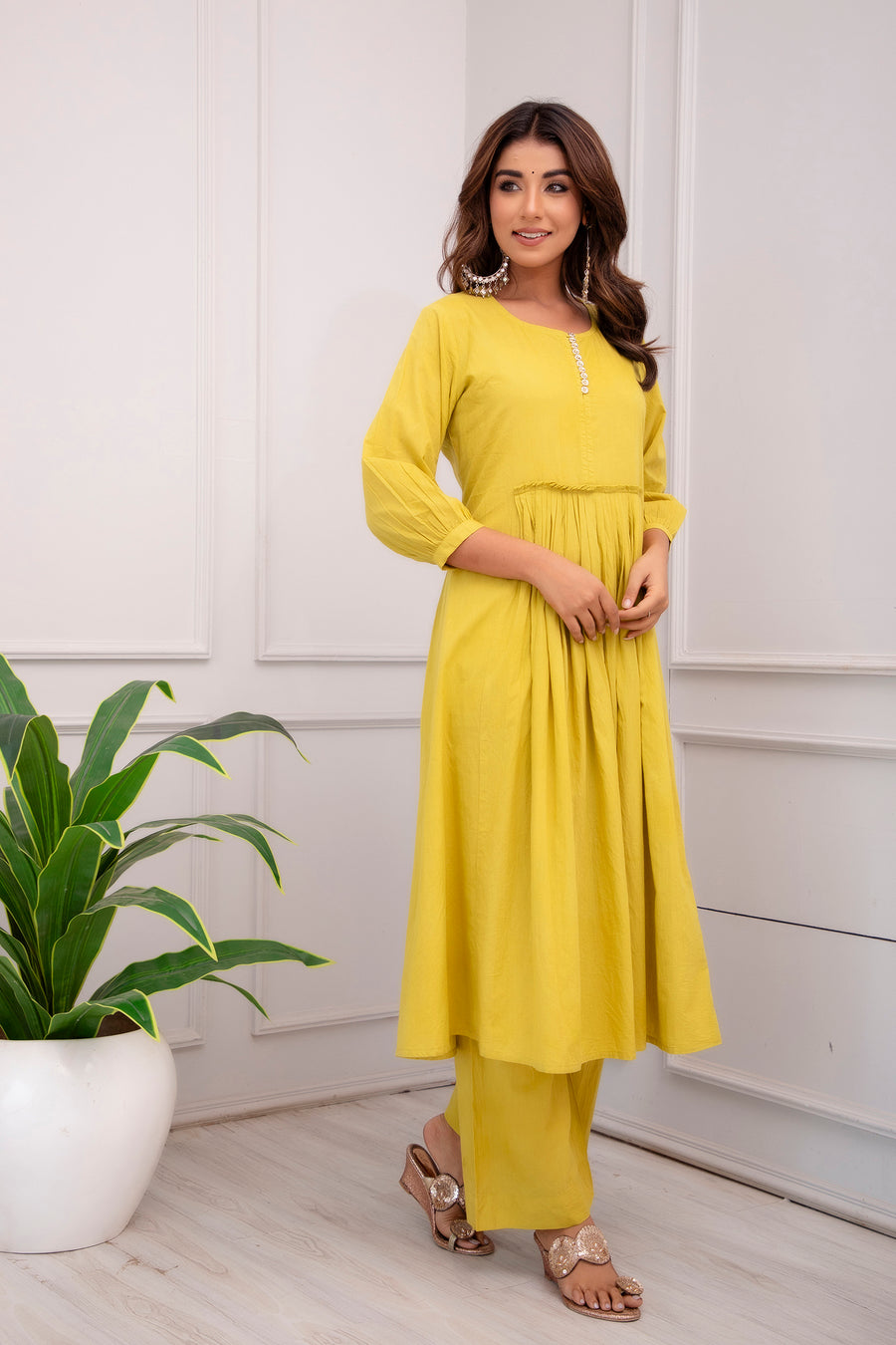 Women Cotton Solid Yellow Co-ord Set