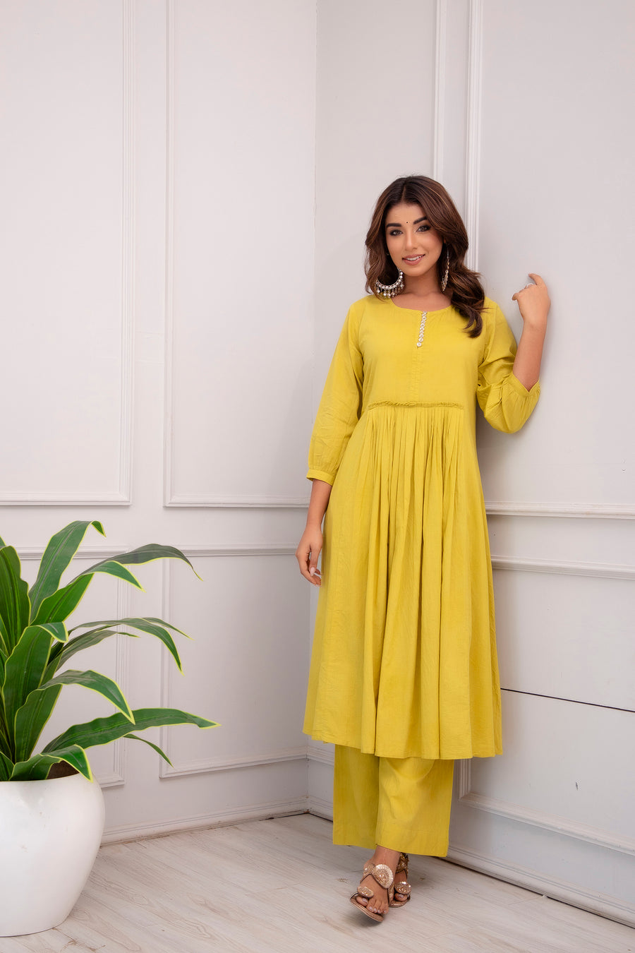 Women Cotton Solid Yellow Co-ord Set