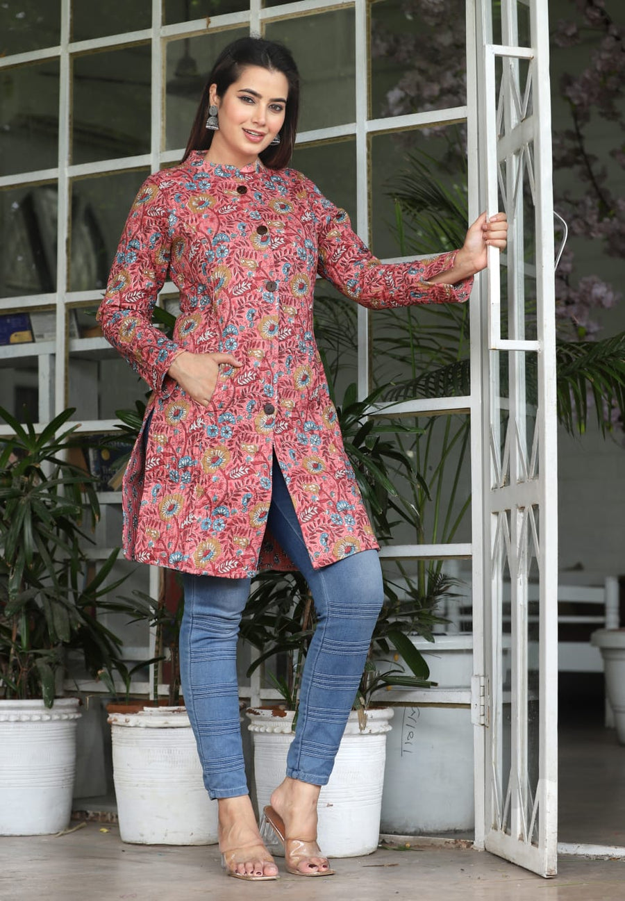 Multicolored Printed Longline Reversible Cotton Jacket