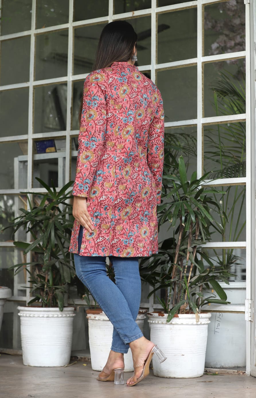 Multicolored Printed Longline Reversible Cotton Jacket