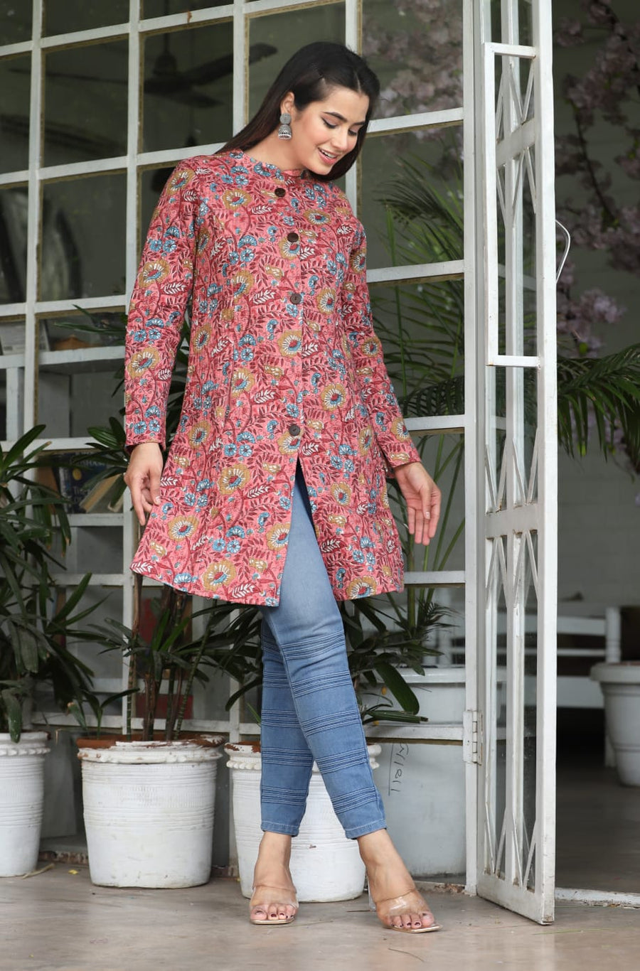 Multicolored Printed Longline Reversible Cotton Jacket