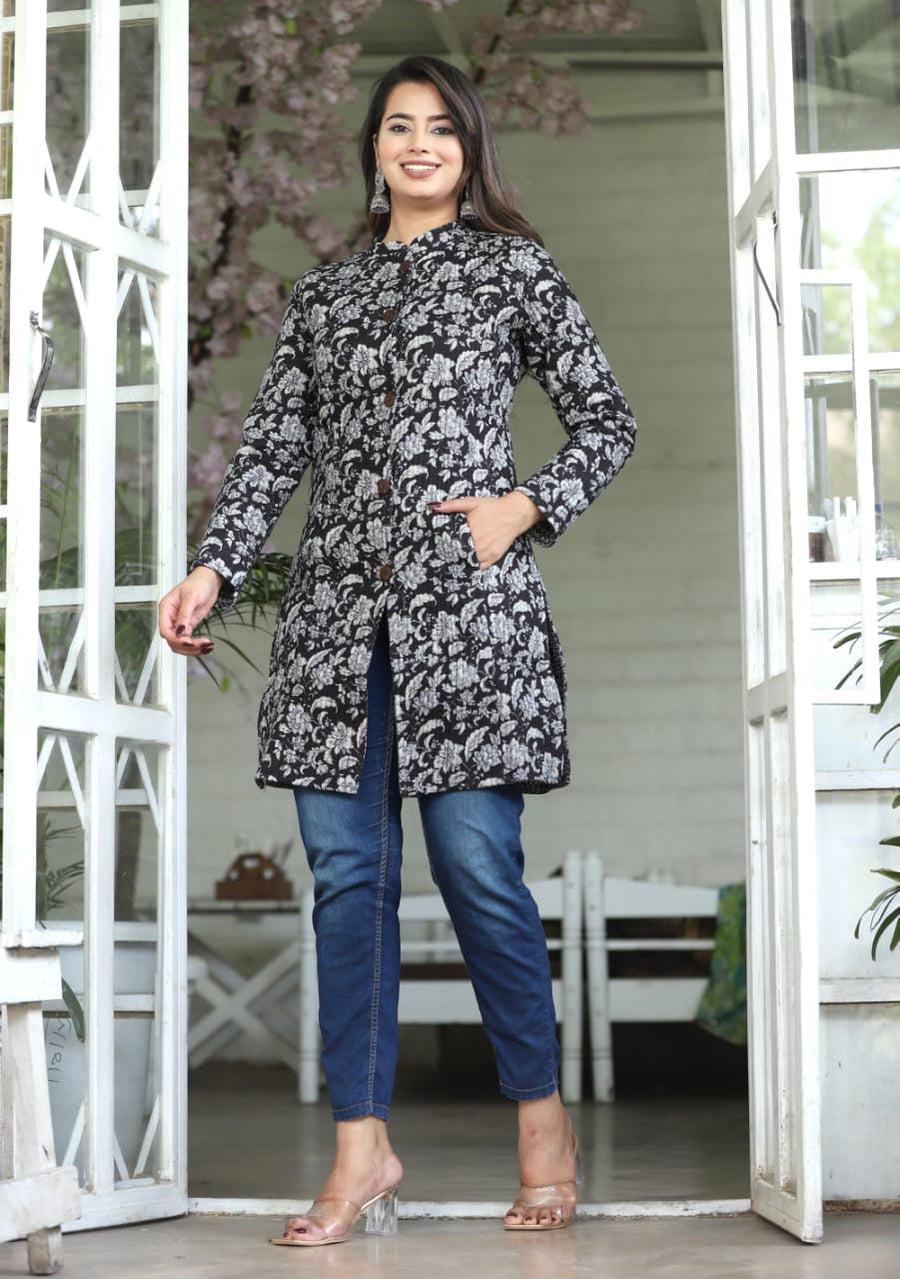 Black Floral Printed Longline Reversible Cotton Jacket