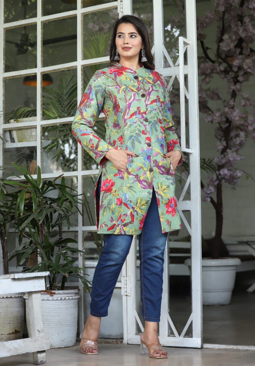 Floral Block Printed Longline Reversible Cotton Jacket