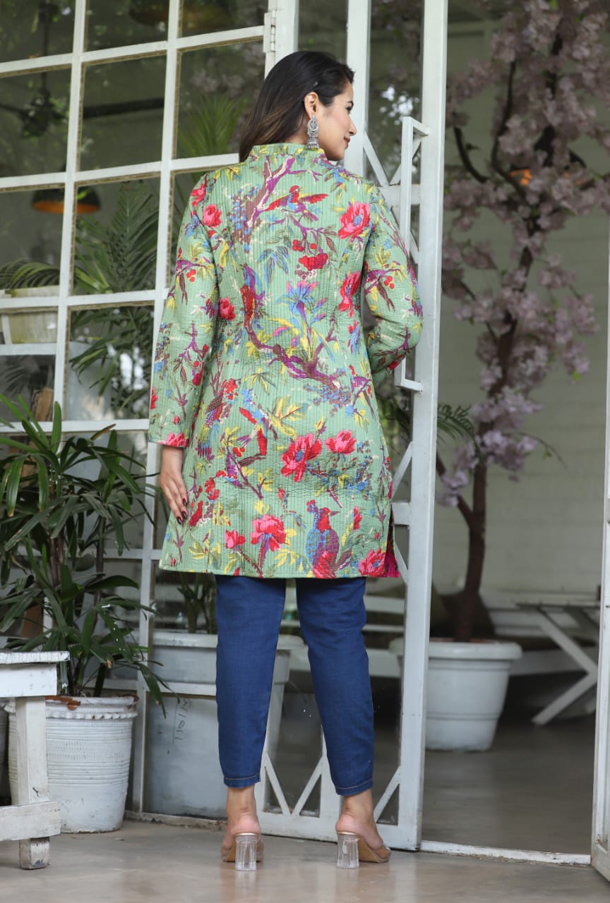 Floral Block Printed Longline Reversible Cotton Jacket