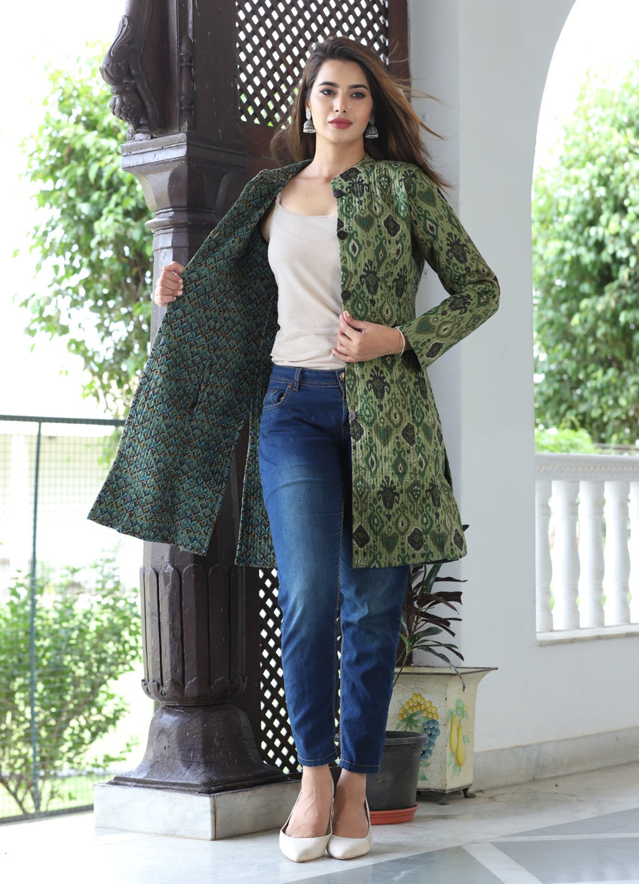 Floral Neon Green Printed Longline Reversible Cotton Jacket