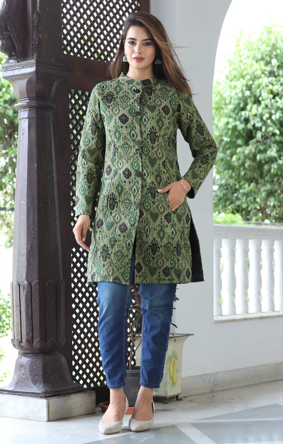 Floral Neon Green Printed Longline Reversible Cotton Jacket