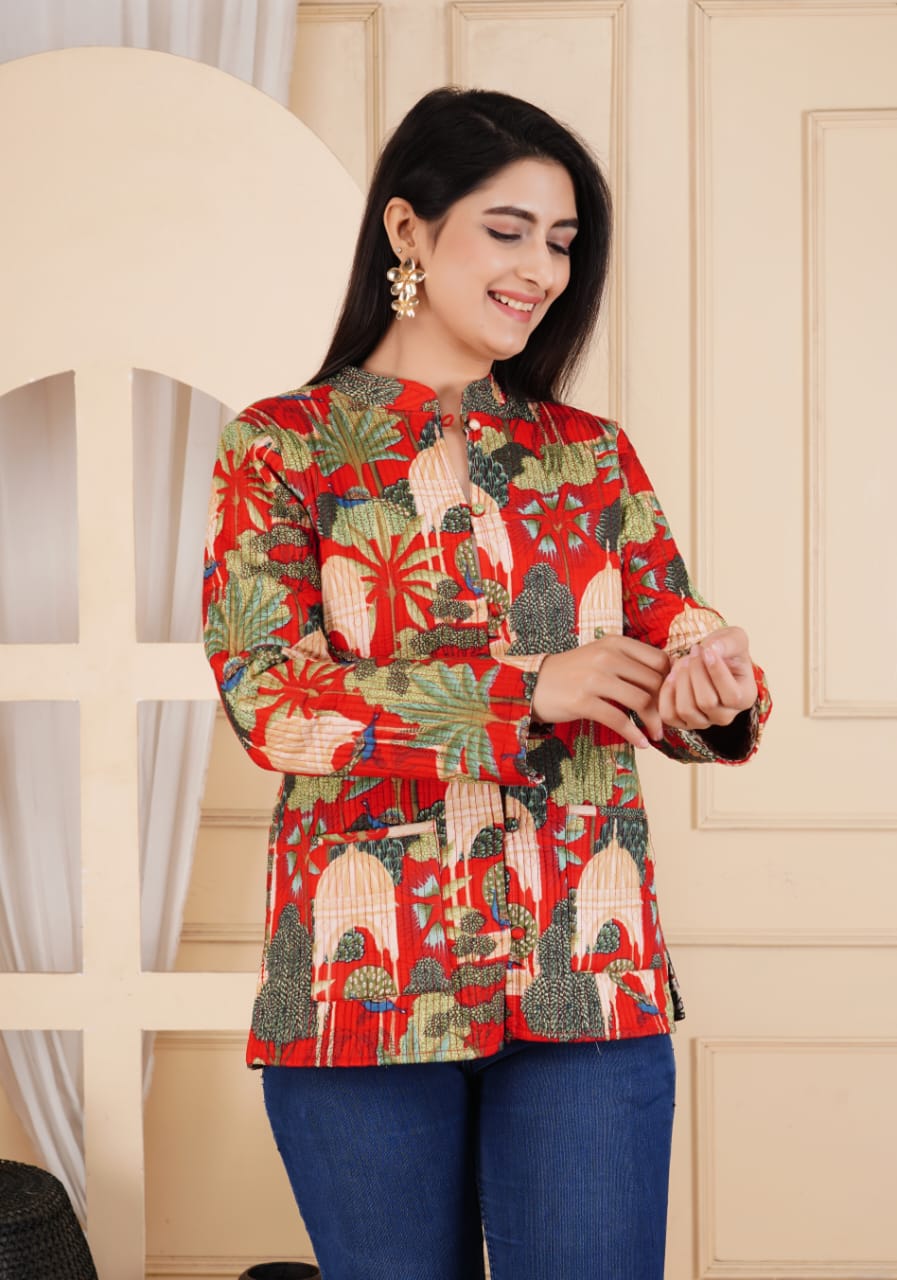 Multicolored Red Block Printed Reversible Full Sleeve Cotton Jacket