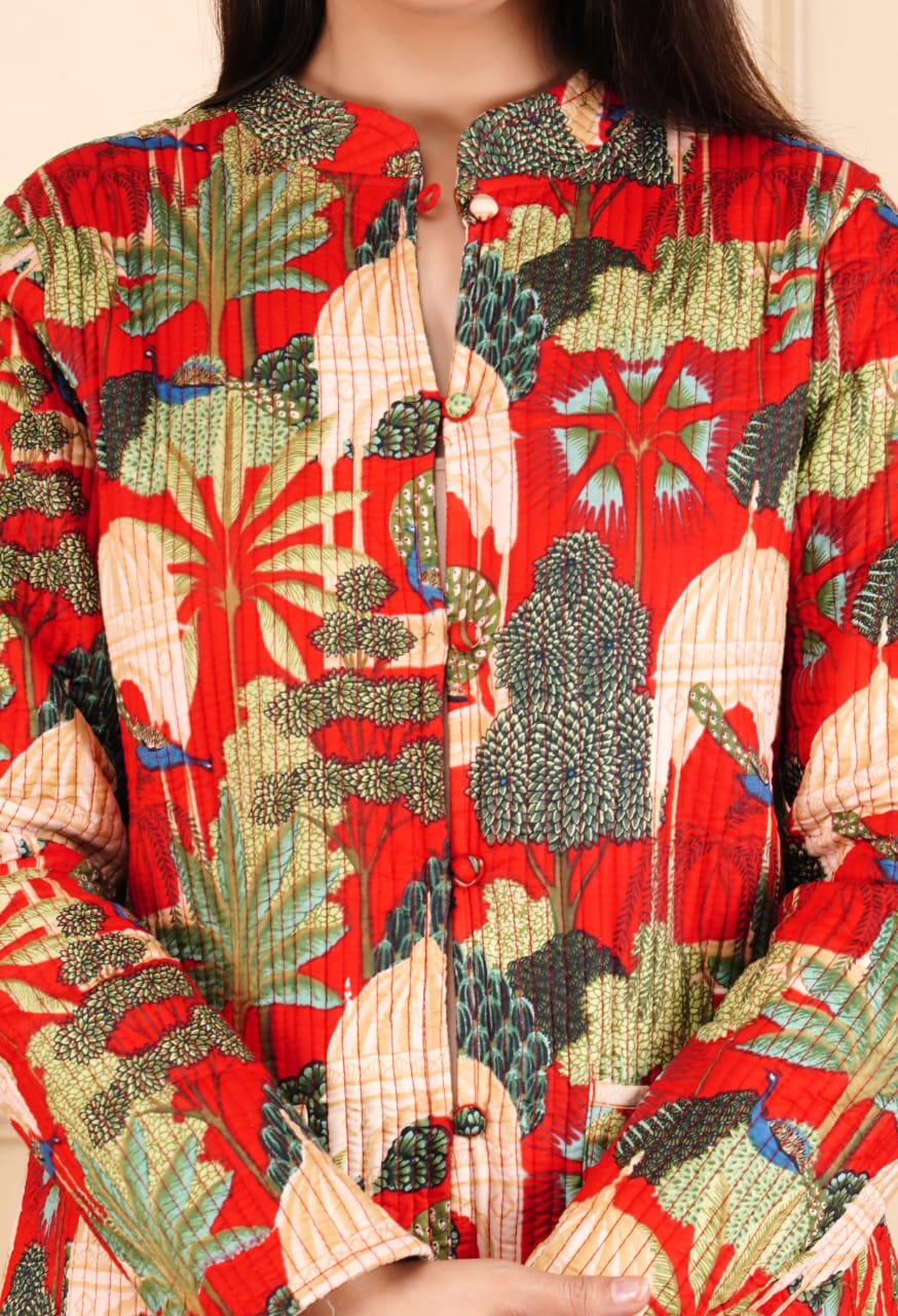 Multicolored Red Block Printed Reversible Full Sleeve Cotton Jacket