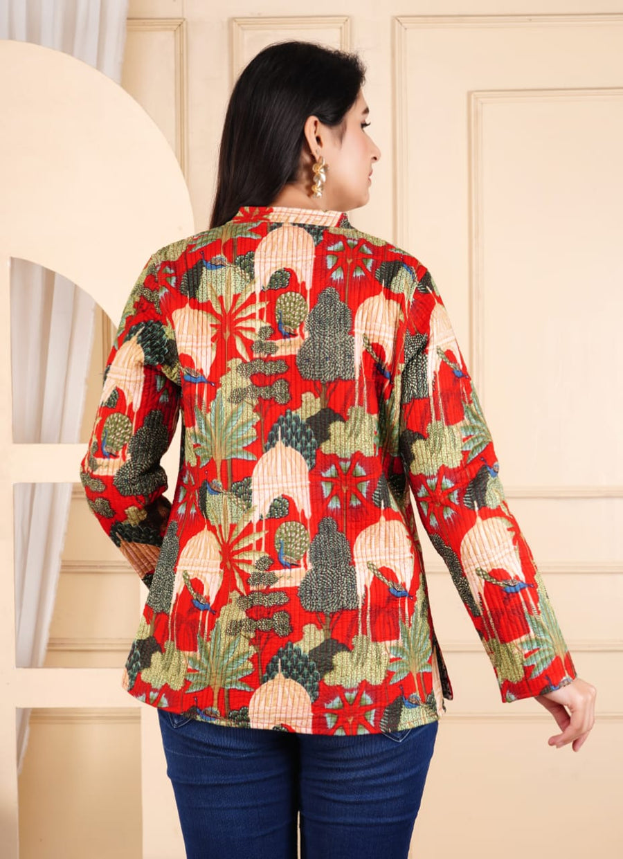 Multicolored Red Block Printed Reversible Full Sleeve Cotton Jacket