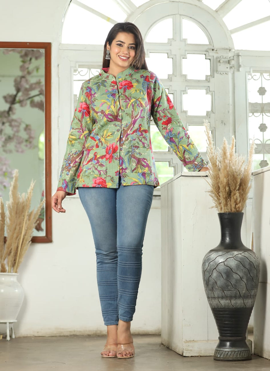 Floral Block Printed Reversible Full Sleeve Cotton Jacket