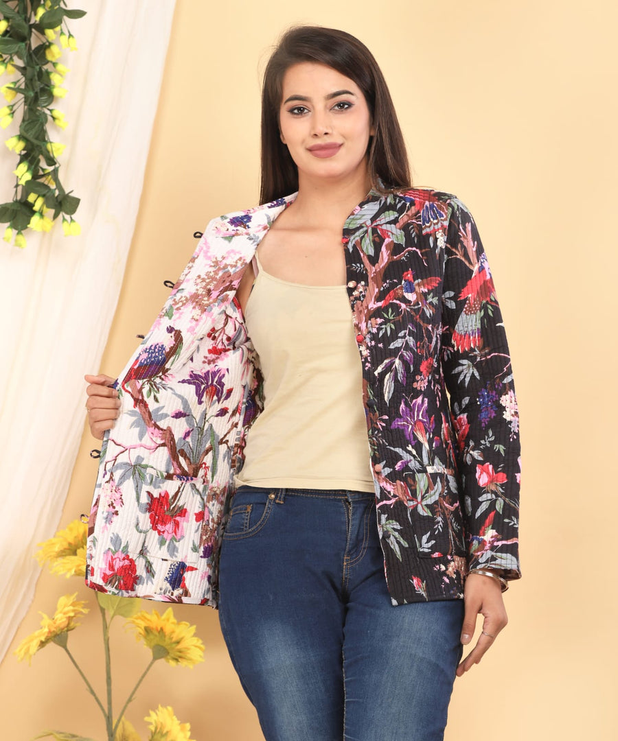 Tropical Lily Block Printed Reversible Full Sleeve Cotton Jacket