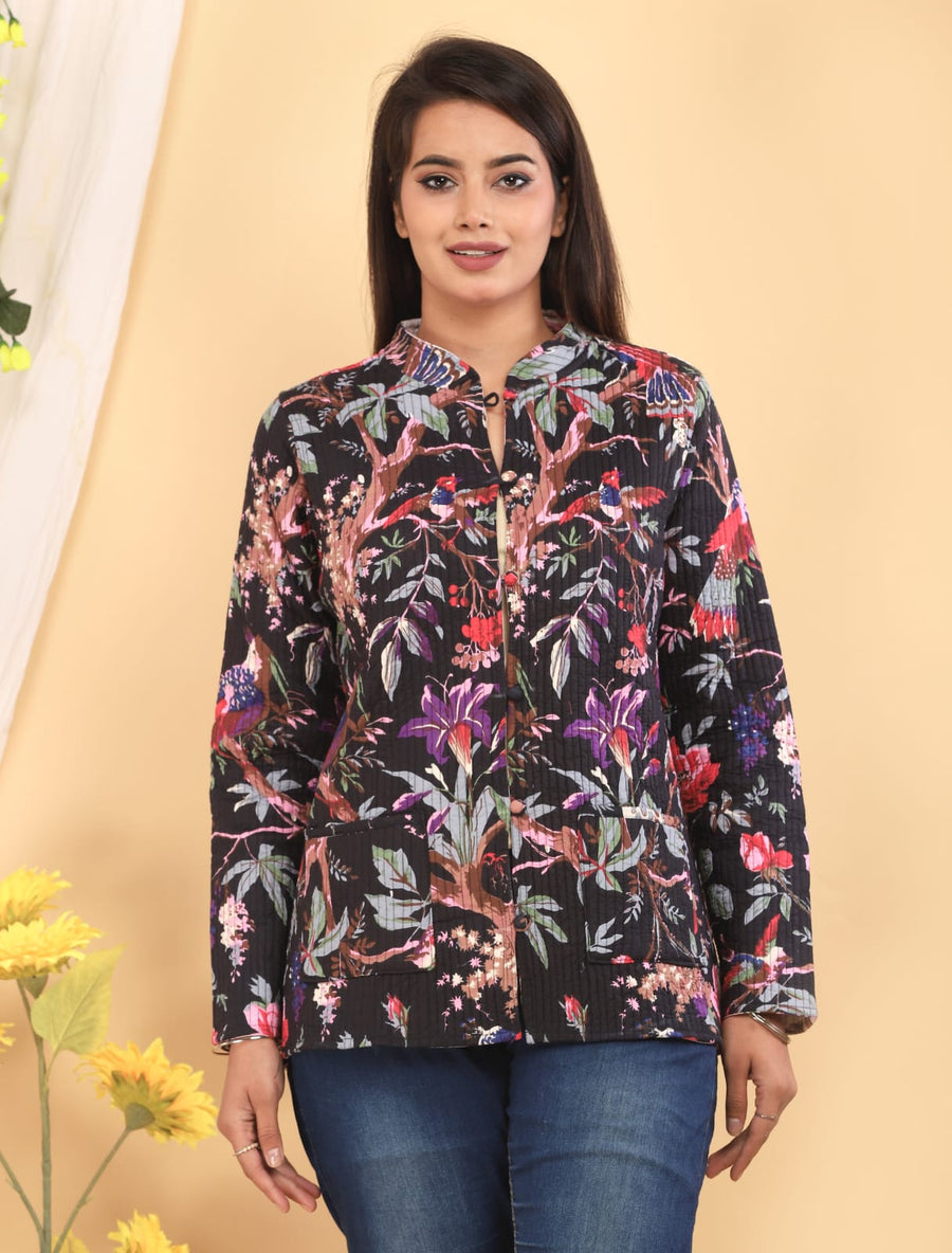 Tropical Lily Block Printed Reversible Full Sleeve Cotton Jacket