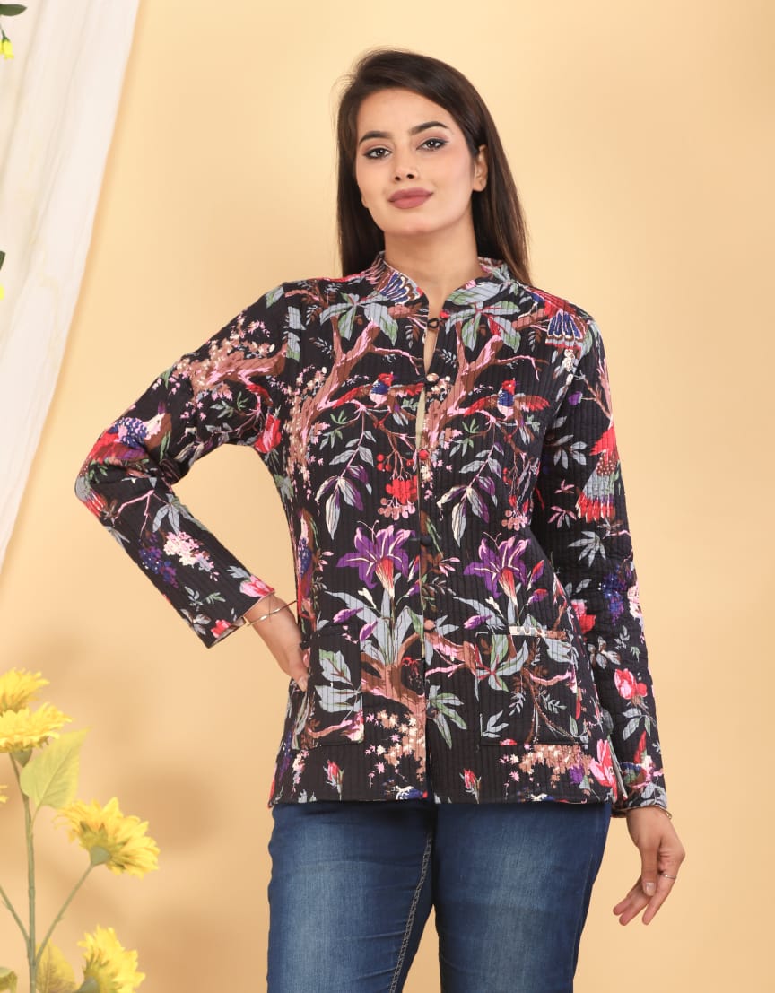 Tropical Lily Block Printed Reversible Full Sleeve Cotton Jacket