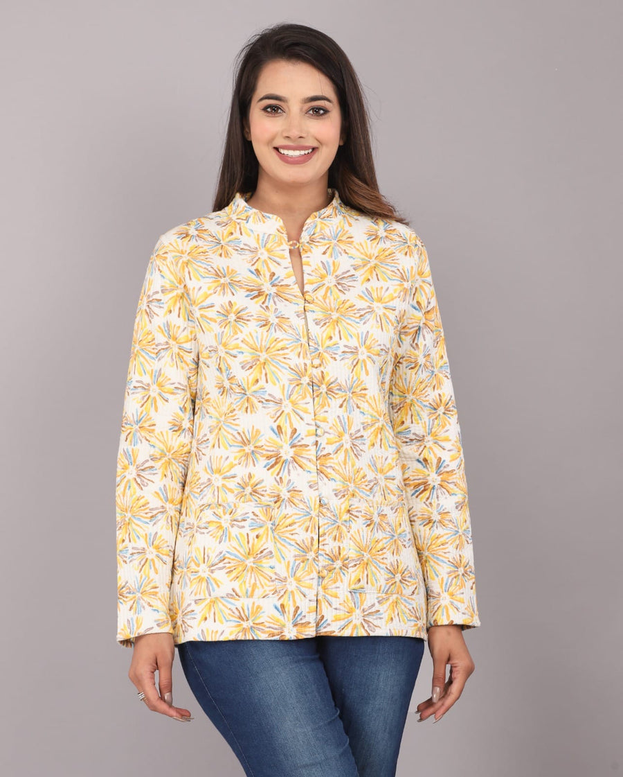 Yellow Block Printed Reversible Full Sleeve Cotton Jacket