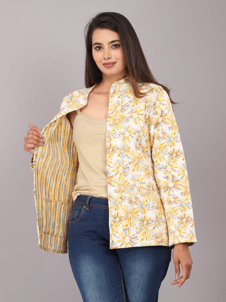 Yellow Block Printed Reversible Full Sleeve Cotton Jacket