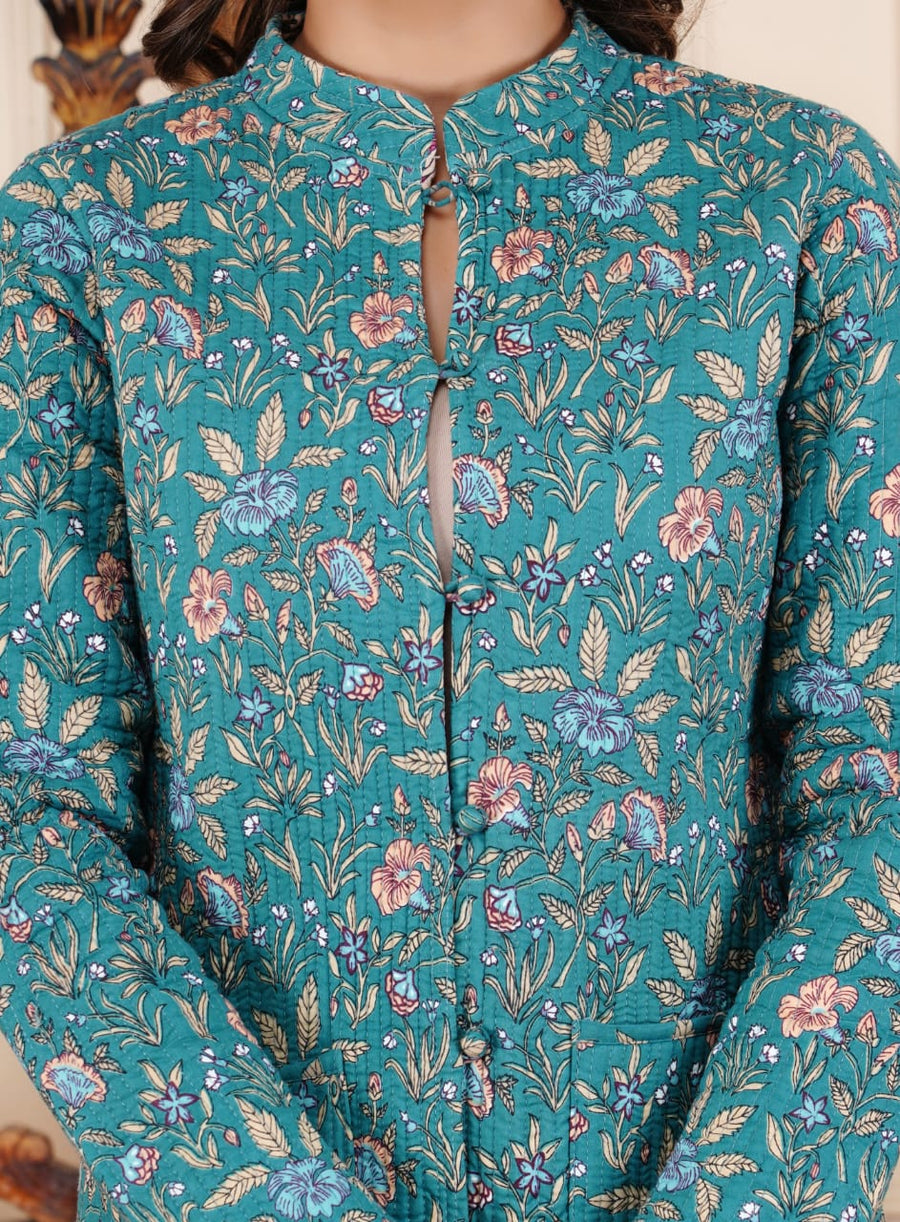 Sea Green Block Printed Reversible Full Sleeve Cotton Jacket