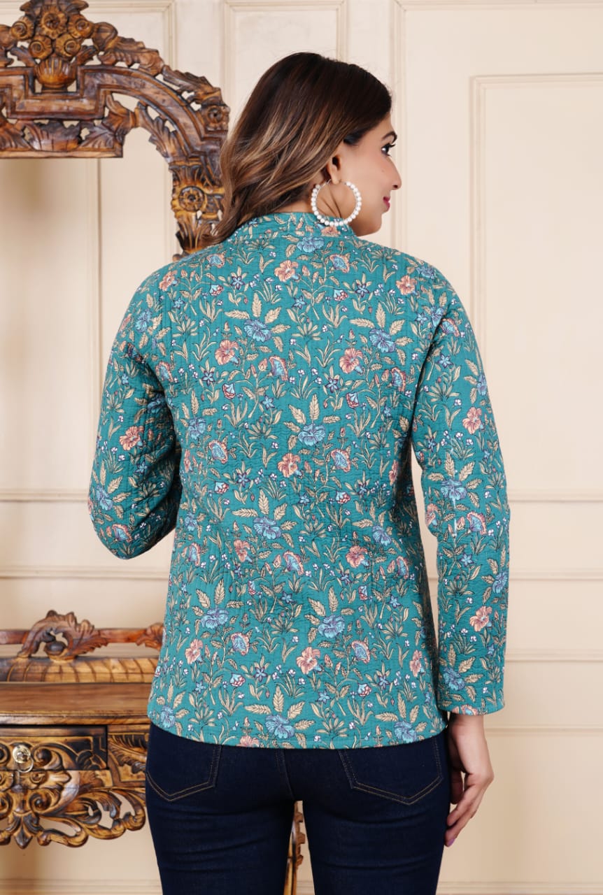 Sea Green Block Printed Reversible Full Sleeve Cotton Jacket