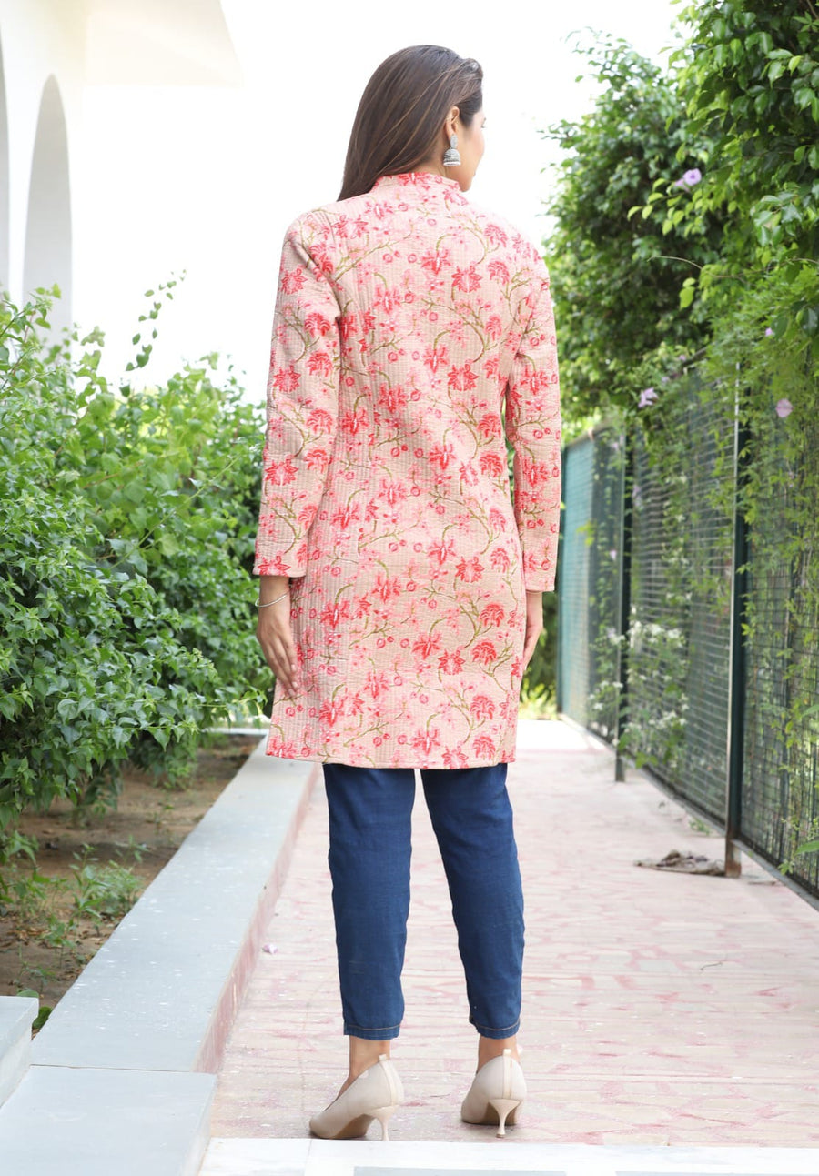 Peach Multicolored Printed Longline Reversible Cotton Jacket