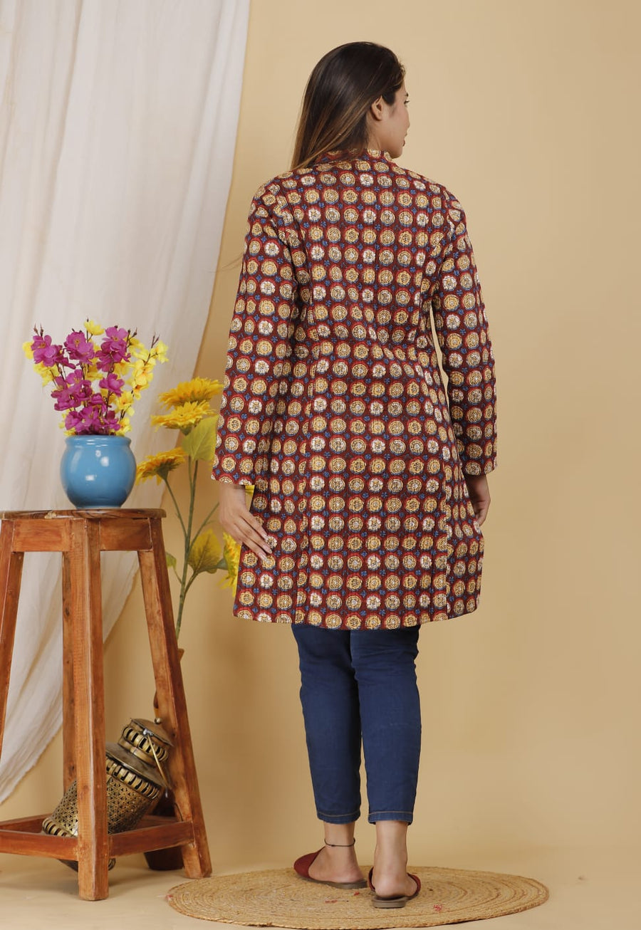 Chequered Printed Longline Reversible Cotton Jacket